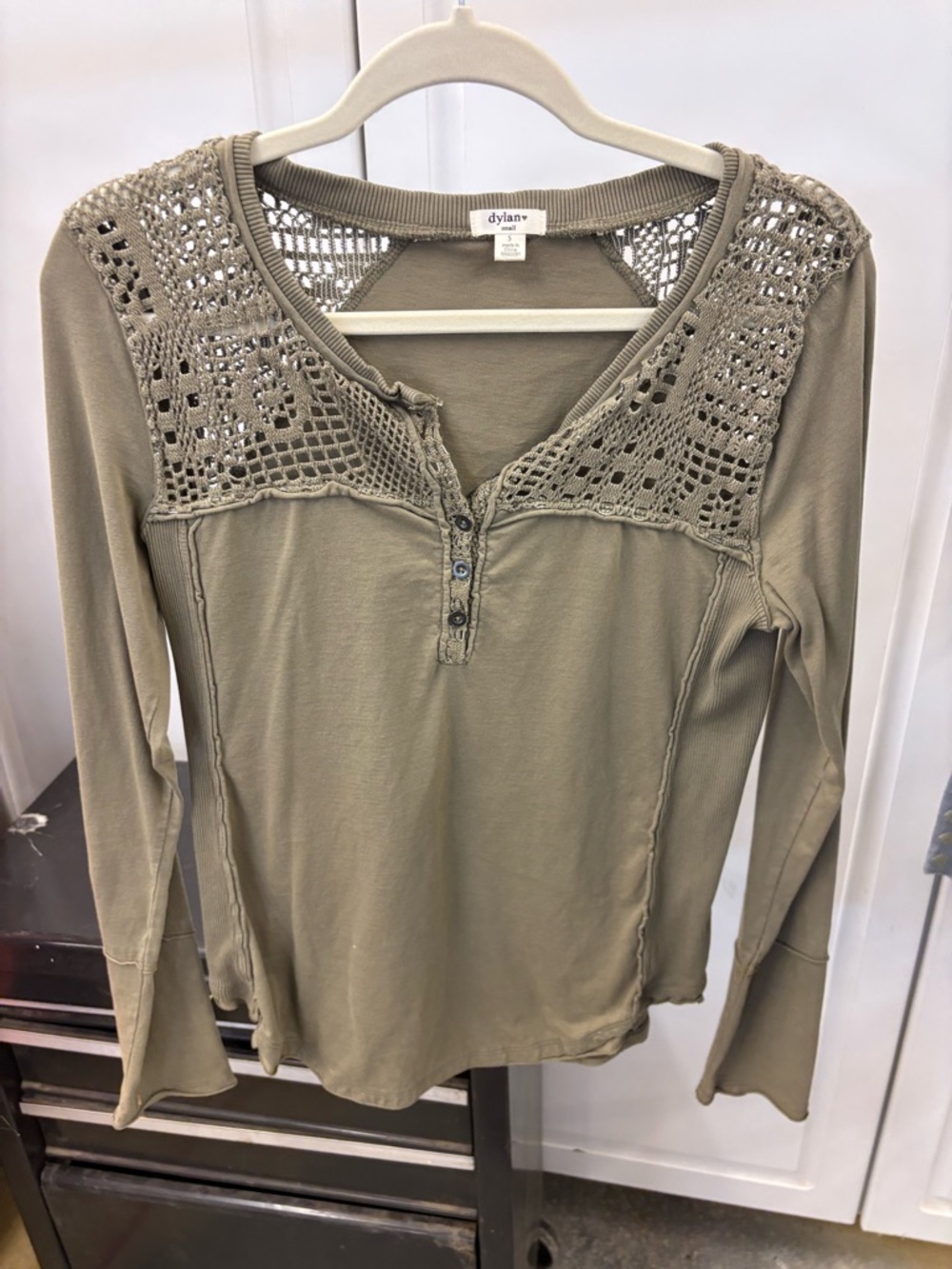 dylan Olive Crochet-Yoke Long Sleeve Henley